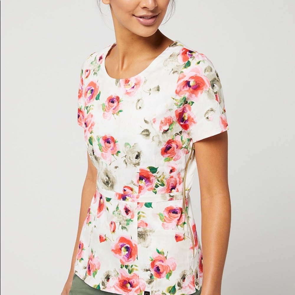 Jaanuu White/Pink Floral Peplum Scrub Top